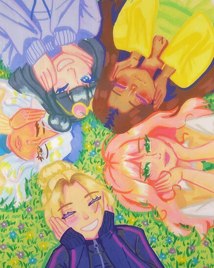 Floral Fae: in a field, 7" x 10", Acrylic marker on paper